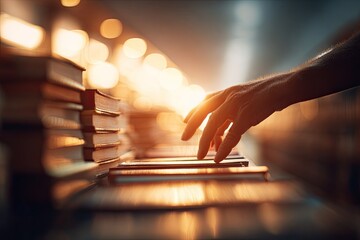 A hand reaching for books in a library