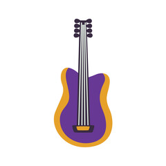 Naklejka premium Modern electric guitar illustration with purple body and yellow accents, featuring six strings and tuning pegs
