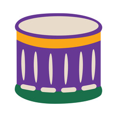 A stylized cartoon drum with purple, yellow, and cream colors, featuring a green base and decorative cream accents