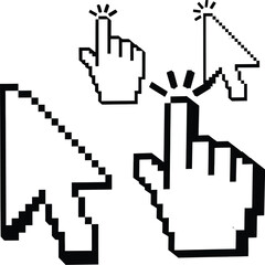 Pixelated cursors and hands in black and white indicating clicking or selecting actions on a screen