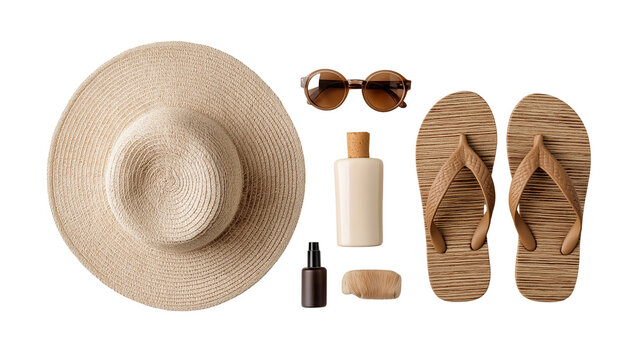 flat lay of summer beach essentials, straw hat, sunglasses, sunscreen bottle, seashells png 