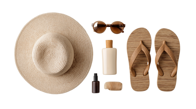 flat lay of summer beach essentials, straw hat, sunglasses, sunscreen bottle, seashells png 