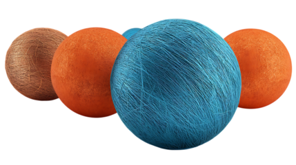 Arrangement of decorative orbs with thread and textured surfaces on transparent PNG isolated background