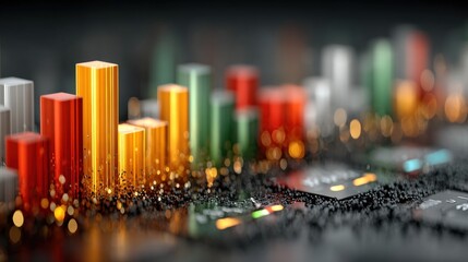 Abstract 3D Data Visualization with Metallic Bars and Glowing Particles