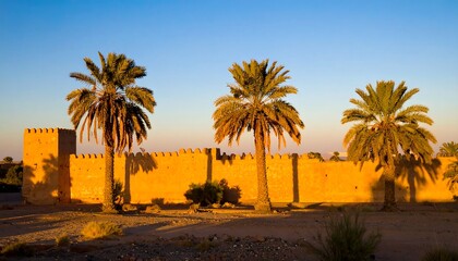Golden hour illuminates a sun-drenched ancient wall, with tall palm trees casting long shadows across the desert landscape.