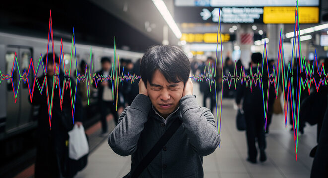 発達障害（ADHD・ASD）：人混みでのパニック・聴覚過敏のイメージ