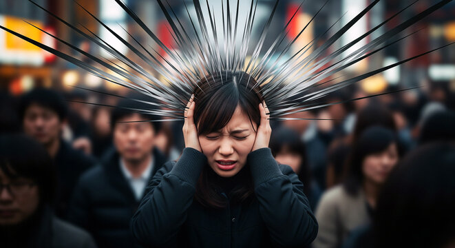 発達障害（ADHD・ASD）：人混みでのパニック・聴覚過敏のイメージ