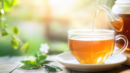 Warm cup of herbal tea being poured into a glass cup on a sunny afternoon with fresh leaves nearby