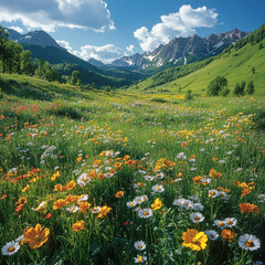 Fototapeta premium Wildflowers blanket mountain field.