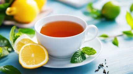 Freshly brewed herbal tea with lemon slices and mint leaves on a blue wooden table in a cozy kitchen setting