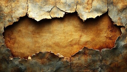 Naklejka premium Cracked and textured old wall with a golden hue is featured. Ideal as a rustic backdrop, texture, or design element in projects.