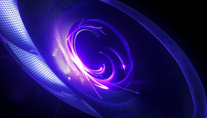 Abstract Purple and Blue Swirling Light Trails on Grid.