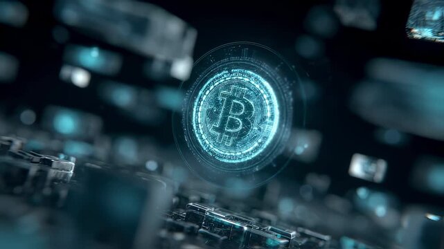 Medium shot of a hovering holographic blockchain ID overlaid on media content sharply focused while the surroundings fade illustrating encrypted metadata watermark vault systems.