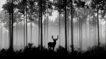 Misty forest scene with deer silhouette.