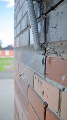 Weathered Brick Wall with Condensation in Sunlight and a Blue Sky Background