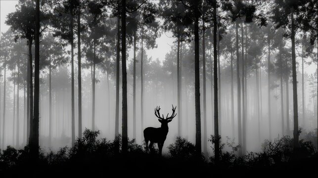 Misty forest scene with deer silhouette.