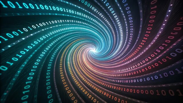 Futuristic data stream visualization featuring binary code swirling into a central light source