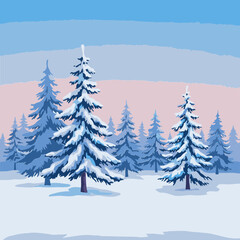 Fototapeta premium Snow-covered pine trees in a winter forest at dawn. Peaceful winter landscape with snow-laden evergreens and a soft, light-blue sky transitioning to a subtle pink at the horizon.