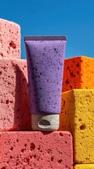 Obraz premium Purple Skincare Product on Colorful Sponge Blocks