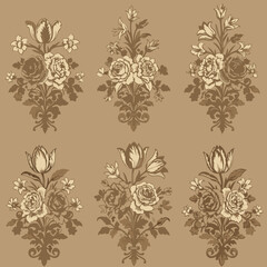 Fototapeta premium Ornate floral bouquet design with decorative elements in a muted taupe color palette. Elegant and symmetrical arrangements of roses and tulips, detailed and intricate in design.