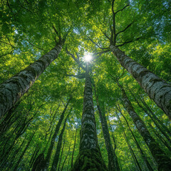 Fototapeta premium Sun shining through tall forest trees.