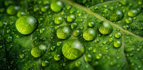 Fototapeta premium Close-up of water droplets on a green leaf, macro photography, stock photo style, green background, high resolution