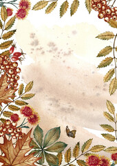 Autumn vertical frame with leaves, flowers, mountain ash, and other autumn elements. Hand-drawn watercolor illustration. Colorful image for greeting and invitation cards, banners, posters, and flyers.
