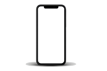 A black iPhone is sitting on a white background. PNG transparency.