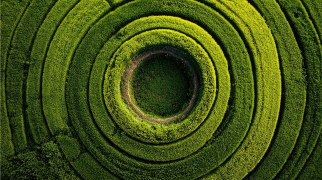 Aerial View of Green Circular Fields Creating Stunning Agricultural Patterns in Rural Landscape