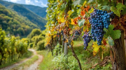 Lush Vineyard Scene with Ripe Grapes and Scenic Mountain Background in Autumn