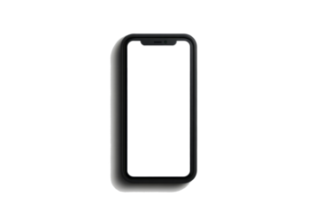 A black iPhone is sitting on a white background. PNG transparency.