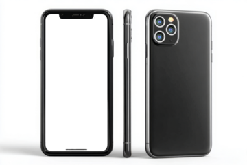 A black iPhone is shown from the side and the back. PNG transparency.