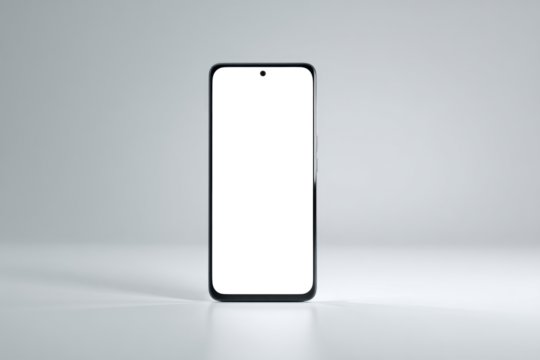 A black and white cell phone with a white screen. PNG transparency.