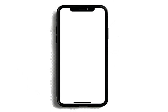 A black iPhone is sitting on a white background. PNG transparency.