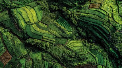 Fototapeta premium Aerial View of Lush Green Terraced Fields with Varied Patterns and Textures in Rural Landscape