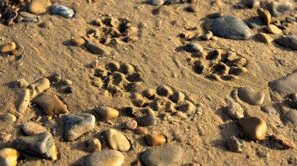 Animal tracks in sand interspersed with small stones.