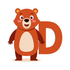 Playful Bear Character with Big Alphabet D Vector Illustration for Kids, Fun Educational Animal Alphabet Design, Children Book Artwork