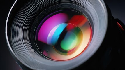 Close-up view of a camera lens with colorful reflections.