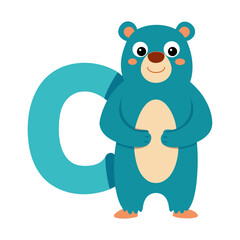 Playful Bear Character with Big Alphabet C | Cute Animal Cartoon Vector Illustration for Kids Learning, Nursery Decor, Children’s Books