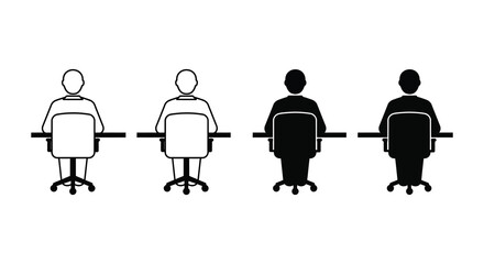 Four people sitting at a long table in office chairs