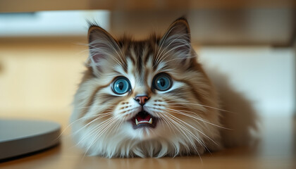Obraz premium Closeup of a fluffy cat with striking blue eyes and an open mouth.