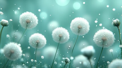 Obraz premium Dandelions in a Dreamy Teal Background with Bokeh Effects 
