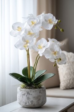 White orchids in grey planter