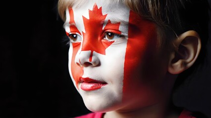 Child with Canadian flag face paint on face close up portrait, patriotic celebration, red maple leaf design symbolizing Canada pride and national identity