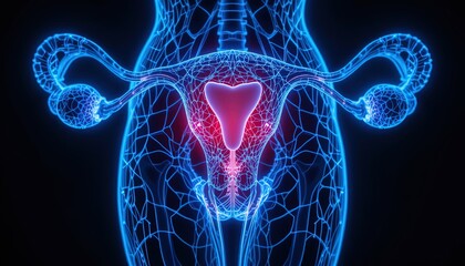 Detailed 3d anatomical rendering of the female reproductive system, highlighting the uterus with vibrant colors and a wireframe structure.