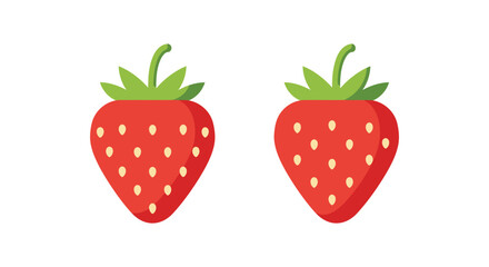 Two red strawberries with green leaves on a white background