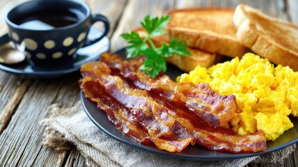 Delicious Breakfast Plate Featuring Crispy Bacon, Fluffy Scrambled Eggs, Toast, and Coffee on Rustic Wooden Table