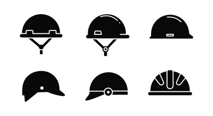 Collection of various hard hats and safety helmets in black silhouette