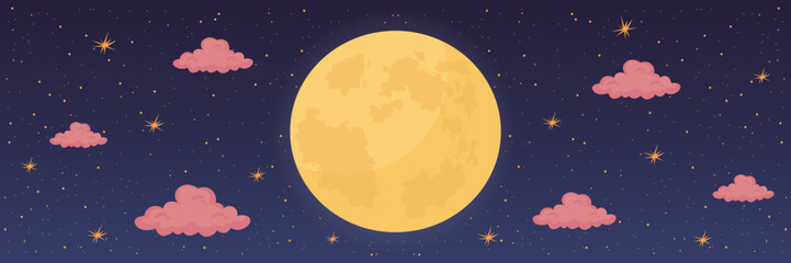 Fototapeta premium Starry night sky with full moon and clouds vector illustration.