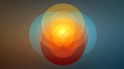 Colorful abstract design with a yellow sun in the center. The circles are different colors and sizes